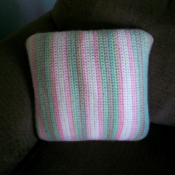 Crochet Stripe Wool Decorative Throw Pillow Pink Green Beige - Picture 3 of 4